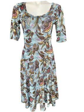 LulaRoe Dress Blue Brown Paisley & Floral Print Size M 3/4 Sleeve Scoop Neck